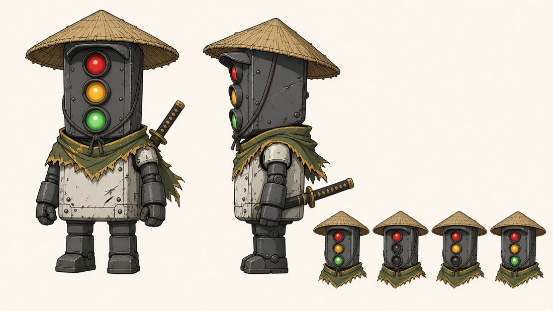 Robot Ronin character sheet: a boxy battered robot with a traffic-light head, straw hat, scarf and katana, shown front, side and with four expressions